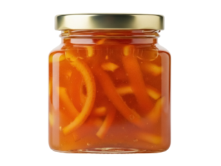 Isolated jar of orange marmalade with fruit peel and gold lid, flavorful and tangy preserve