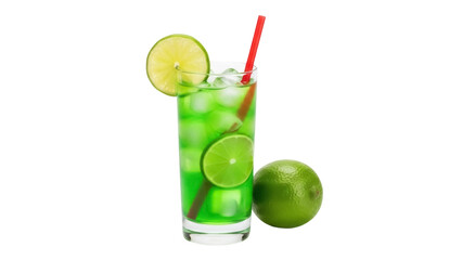 Isolated cocktail drink with lime slices and red straw on white for summer refreshment