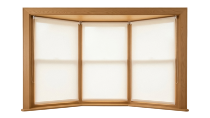 Isolated Bay window interior detail, modern wooden frame, natural light, privacy blinds, home décor