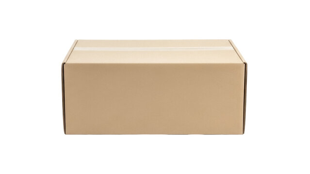 Cardboard box isolated PNG on transparent background, brown container for shipping and storage, closed package for delivery and moving