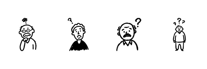 Confused People With Question Marks Line Icon Set In Doodle Style. Uncertainty, Puzzlement, And Inquiry Expression Outline Sketch Collection. Hand Drawn Isolated Vector Illustration