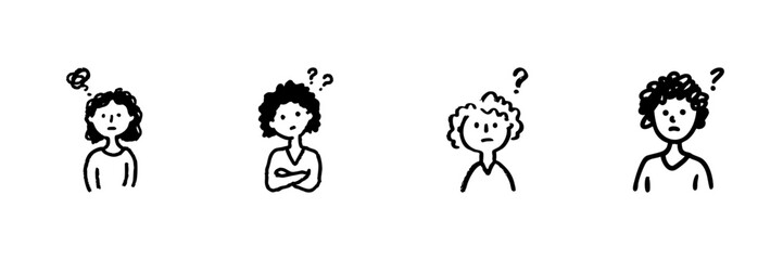 Confused People With Question Marks Line Icon Set In Doodle Style. Curiosity, Uncertainty, And Problem-Solving Outline Sketch Collection. Hand Drawn Isolated Vector Illustration