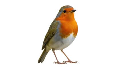 Isolated European robin perched, with vibrant orange breast and detailed feathers, outdoors