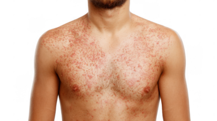 Close up of a man's chest and shoulder exhibiting a measles rash, highlighting the characteristic red spots and skin irritation against a transparent background