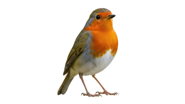 Isolated European robin perched, with vibrant orange breast and detailed feathers, outdoors