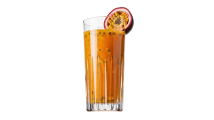 Passion fruit juice in glass isolated PNG, tropical drink with seeds on transparent background for summer refreshment and healthy lifestyle
