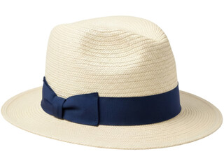 Isolated straw Panama hat with navy ribbon for sun protection, men's or women's fashion