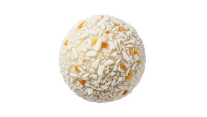 Delicious coconut truffle isolated PNG on transparent background, sweet dessert with shredded coconut and creamy filling for confectionery use