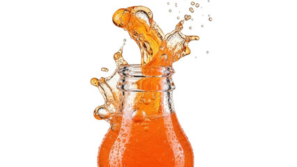 Isolated bottle with orange beverage splashing out, fruit drink, summer refreshment concept