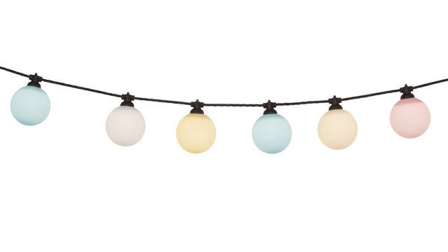 Isolated string lights with pastel globes, hanging retro party decor, decoration for backyard