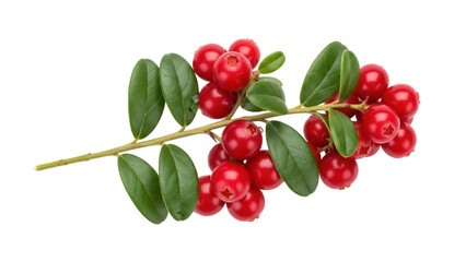 Isolated branch with lingonberry berries and leaves, fresh bright red raw cranberries crop