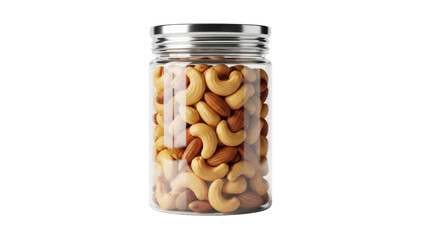Jar of mixed nuts PNG isolated on transparent background, healthy snack with cashews and almonds...