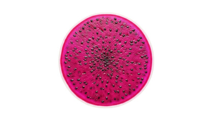 Isolated slice of vibrant dragon fruit, showcasing its magenta flesh and black seeds at center