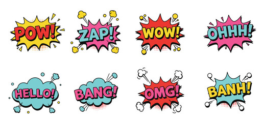 collection of nine comic book style speech bubbles with