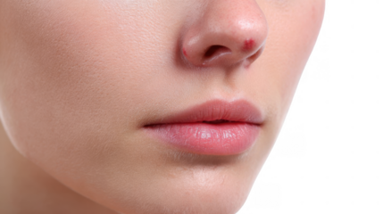 Close up view of a woman's chin displaying a herpes cold sore, isolated on a transparent background, emphasizing a prevalent skin condition often causing discomfort and inflammation