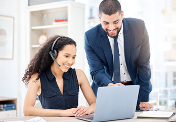Obraz premium Woman, man and microphone on laptop in career, workplace or job as customer service agent. People, team and headset with tech, happy as virtual assistant in online, technical support or help desk