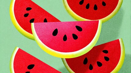 A watermelon is sliced into four pieces and is shown in a drawing. The watermelon is the main focus of the image, and the slices are arranged in a way that creates a sense of depth and dimension