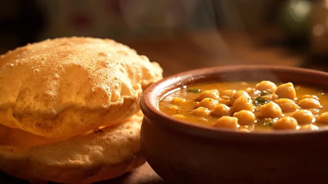 An appetizing close-up shot, captured with warm lighting and shallow depth of field, shows hot, steaming chhole bhature served in a rustic clay bowl on an indoor dining table.