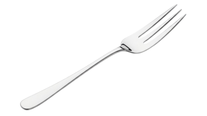 Elegant silver fork isolated PNG on transparent background, shiny metal utensil for dining and kitchen use, modern flatware design