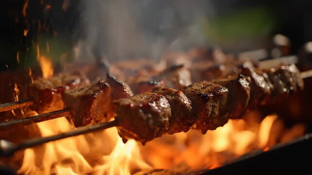 Juicy shish kebab is dramatically grilling on metal skewers over intense, fiery orange flames in a dark outdoor bbq setting.