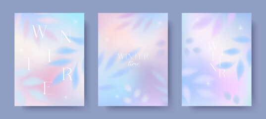 Fototapeta premium Winter gradient illustrations.Delicate backgrounds with frozen plants and florals.Abstract blurred concepts in soft pastel colors.Minimalist dreamy designs for holidays prints,covers,invitations