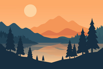 Mountain landscape with lake and pine trees at sunset minimalist illustration.
