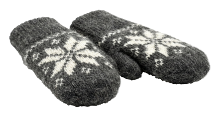 A pair of warm knitted grey mittens with snowflake patterns, transparent background
