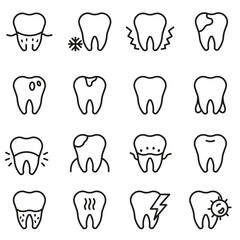 Various dental conditions. A set of linear icons depicting teeth and dental problems.