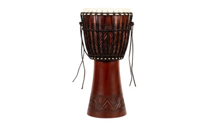 Brown wooden djembe drum isolated PNG, traditional African percussion instrument with rope tuning...