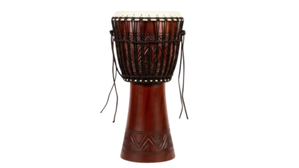 Brown wooden djembe drum isolated PNG, traditional African percussion instrument with rope tuning and carved base on transparent background