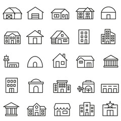 Various buildings. A set of linear icons of buildings and architectural objects.
