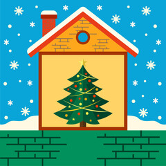 Christmas House Cutaway with Decorated Tree on Blue Snowy Background.