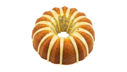 Delicious lemon poppy seed bundt cake with glaze isolated PNG, sweet dessert for bakery and cafe menus on transparent background