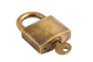 A weathered brass padlock with a key inserted, transparent background