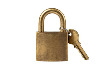 Brass Padlock with Key, transparent background