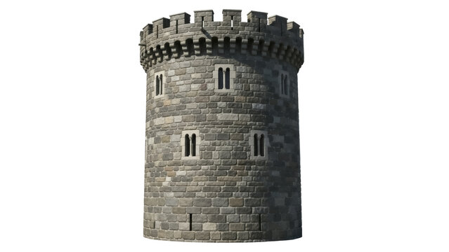 Stone castle tower PNG isolated on transparent background, medieval architecture with battlements and windows for fantasy game asset