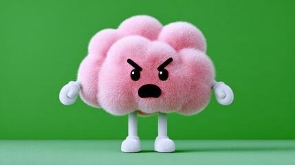 A pink fuzzy brain with a frowning face and angry arms. The brain is standing on a green background