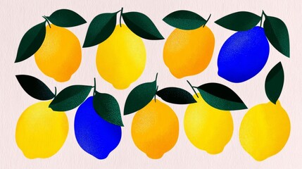 A painting of lemons and blueberries with a yellow background. The lemons are in various sizes and are surrounded by green leaves. The blueberries are smaller and are scattered throughout the painting