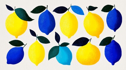 A painting of lemons and blueberries with a yellow background. The lemons are in various sizes and are surrounded by blue and yellow leaves. The painting has a bright and cheerful mood