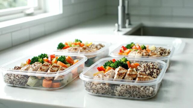 Brightly lit, four healthy meal prep containers featuring grilled chicken and colorful vegetables are neatly arranged on a clean white kitchen counter, emphasizing organized eating.