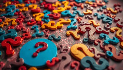 Intriguing background of scattered question marks on various surfaces, green, surface