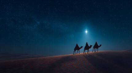 Three wise men riding camels following bethlehem star at night