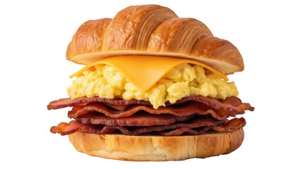 Delicious croissant breakfast sandwich with bacon, egg, and cheese isolated PNG, tasty morning meal on transparent background