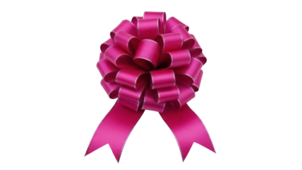 Isolated magenta ribbon rosette with shiny silver edge, decorative holiday bow and ribbon tails