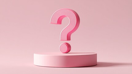 Pink question mark on podium with circular base and pink background