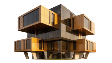 Modern architectural building PNG isolated on transparent background, contemporary design with geometric shapes and glass facade for architecture projects