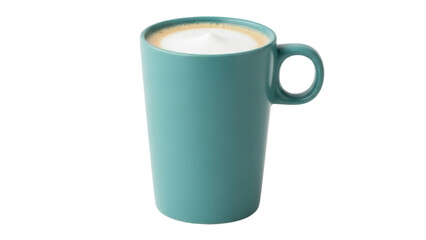 Isolated teal-colored ceramic mug with foamy beverage, perfect for coffee or hot chocolate