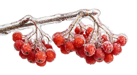 Frozen red berries on an icy branch, transparent background