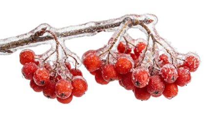 Frozen red berries on an icy branch, transparent background