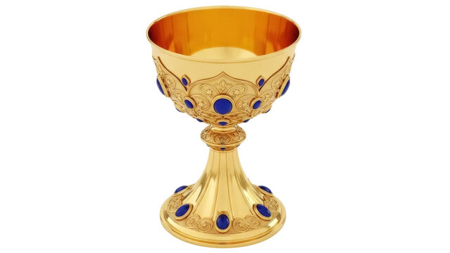 Isolated ornamental golden chalice decorated with blue gems, religious and medieval artifact